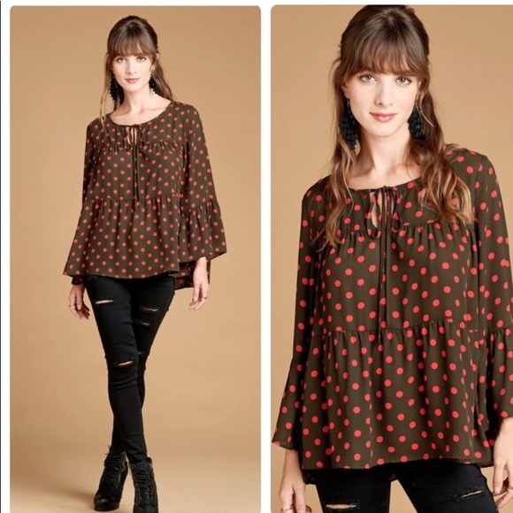 Brown & Red Polka Dot Babydoll Top Various Sizes - Picture 2 of 3